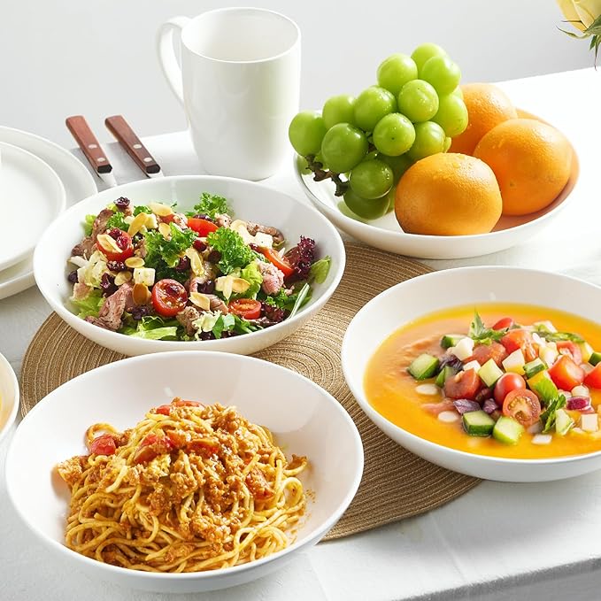 Jassceram Pasta Bowls Set of 4, 50Oz Wide Shallow Ceramic Bowls - 9.84 Inch Serving Bowls for Pasta, Salad, Soup & Cereal, Dishwasher & Microwave Safe White - Christmas Gift