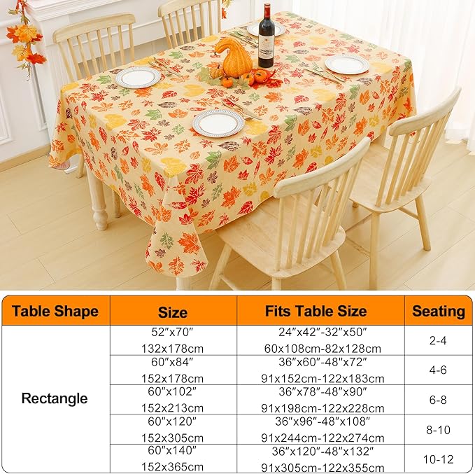 Smiry Fall Rectangle Table Cloth, Waterproof Vinyl Tablecloth with Flannel Backing, Wipeable Autumn Leaves Plastic Tablecloths for Harvest and Thanksgiving Parties, (60"x140", Rust & Yellow)
