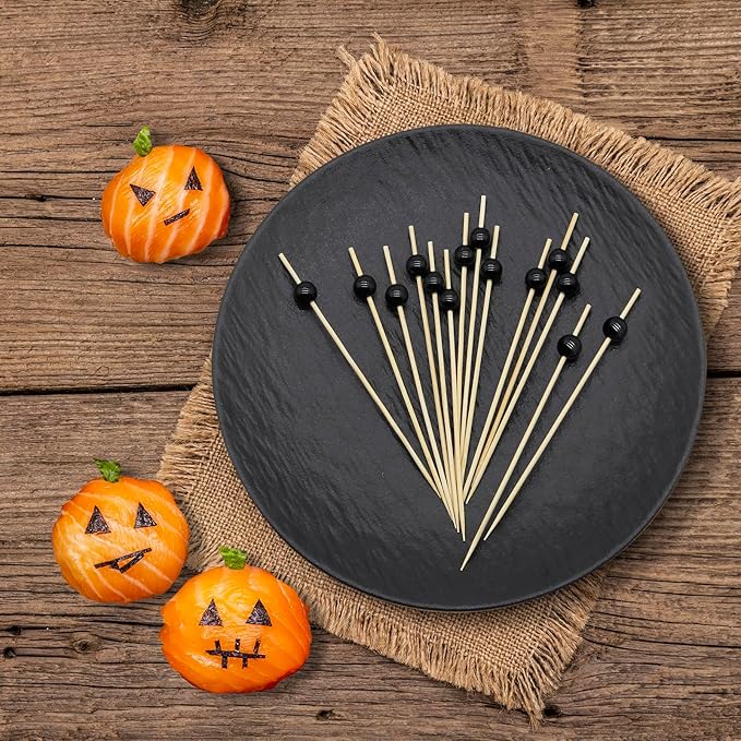 Minisland Black Pearl Cocktail Picks, 4.7 Inch Long Bamboo Fancy Toothpicks for Appetizers, Decorative Halloween Holiday Party Food Drink Garnish Fruit Kabob Skewer Sticks 100 Counts - MSL456