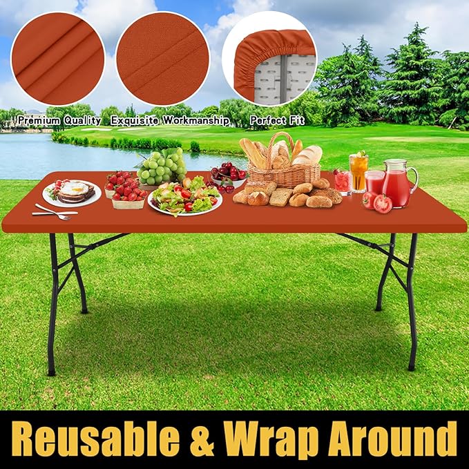 Smiry Rectangle Picnic Table Cloth, Waterproof Elastic Fitted Tablecloths for 8 Foot Tables, Washable Polyester Table Cover for Camping, Indoor and Outdoor (Rust, 30"x96")