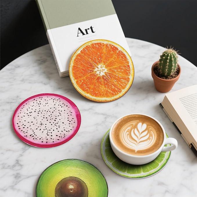 Fruit Coasters Leather Round Drink Coasters 6 Pcs Set with Holderor for Cup Drink Coffee Table Bar Home Decor