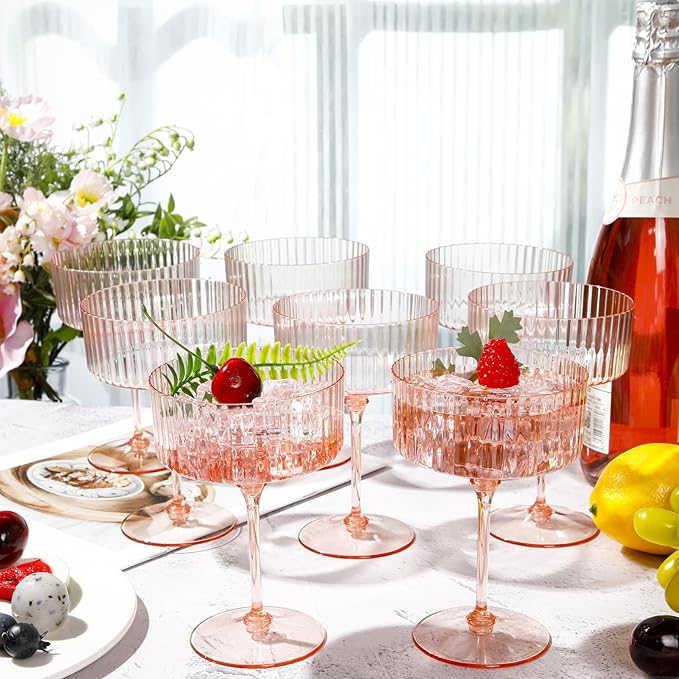 6 Pcs Ribbed Martini Glasses 10 oz Disposable Plastic Vintage Ribbed Coupe Glasses Unbreakable Dessert Parfait Glassware for Wedding Birthday Party Supplies (Champagne Powder)