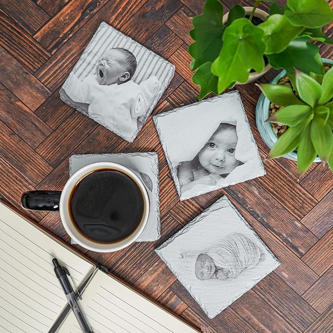 Blue Ridge Mountain Gifts - Custom Coasters Printed with Your Photos, Newborn Baby Photos, Thoughtful Keepsake for New Parents, New Mom and Dad Gift of Newborn Photoshoot, Personalized Slate Coasters