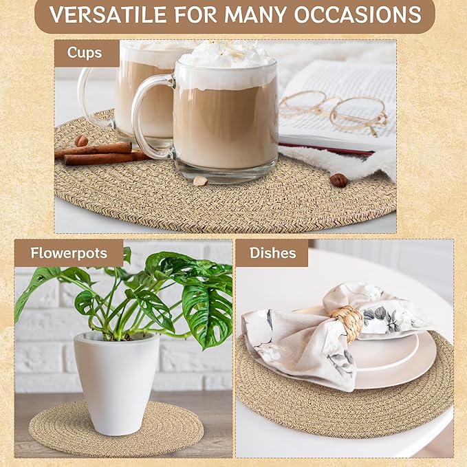 Kochorie Set of 4 Round Woven Cotton Placemats, 13 Inch Boho Table Mats for Kitchen and Dining Table, Farmhouse Heat Resistant Washable Trivets, Fall Thanksgiving Christmas Décor (Brown)