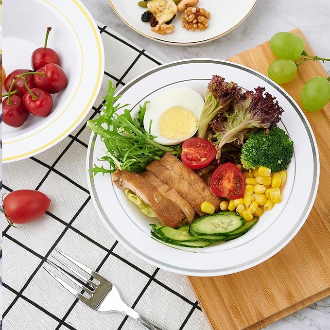 JOLLY PARTY 100PCS Plastic Bowls with Silver Rim-12oz Disposable Soup Bowls, Christmas Thanksgiving Premium Heavy Duty Plastic Dessert Bowls for Wedding/Party, Silver