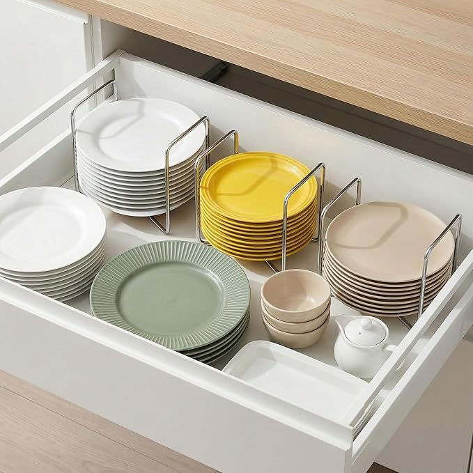 Adjustable Dish Rack for Kitchen Counter - Bamboo Plate Holder Organizer for Cabinet Wooden Bowl Organizer Stainless Steel Plate Stand Storage for Kitchen Drawer Countertop Cupboard Shelf RV