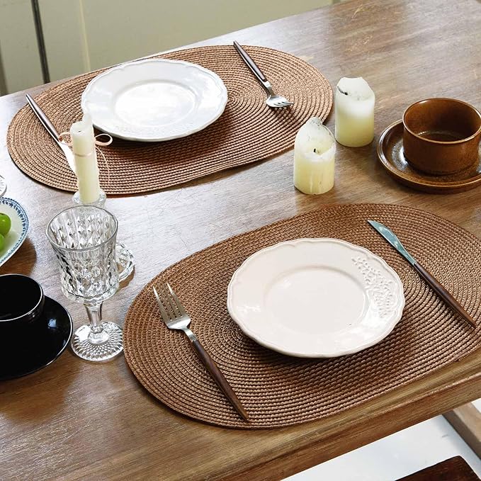FunWheat Oval Braided Placemats Set of 8 Table Mats for Dining Tables Washable Heat Resistant Place Mats for Indoor Outdoor Use 12 x18 Inch(Oval Light Brown, 8pcs)