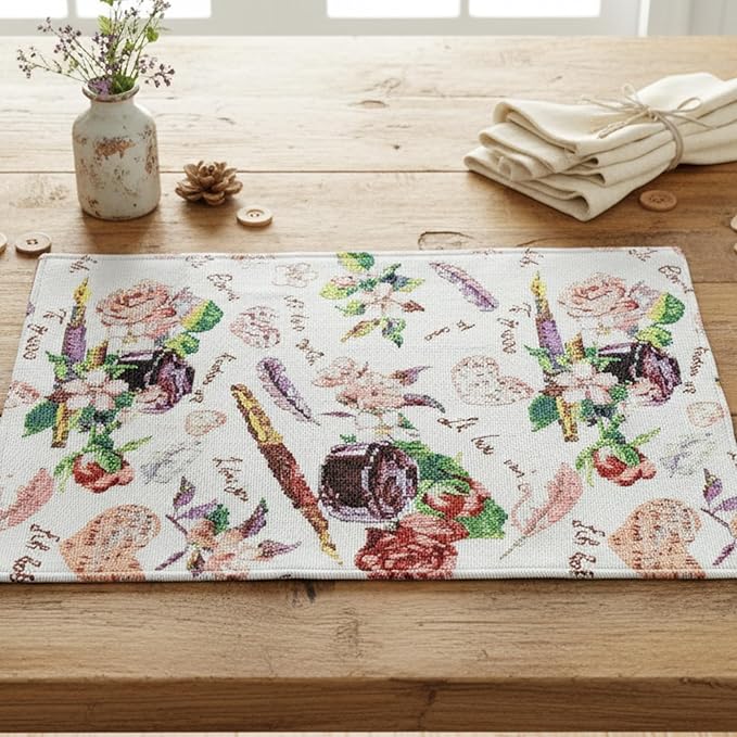 DaDalogy Set of 4-Pieces Authentic Tapestry Placemats - Spring Floral Vintage Looking Love Notes Quil Romantic British Roses - Heart Decorative Woven Dining Under Plate Table Mats - 13” x 19”