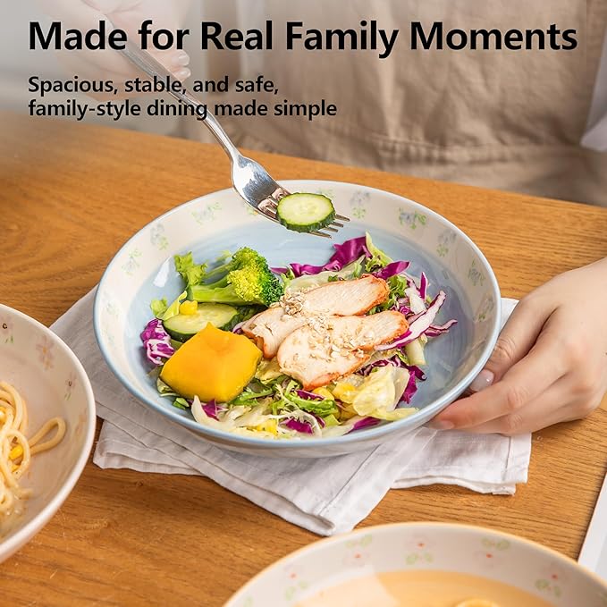 Handmade 8.4'' Ceramic Large Pasta Bowls Set of 4 – 35oz Floral Salad Bowls for Pasta, Soup, Noodles, Salad & Dinner – Microwave, Dishwasher & Oven Safe – Spring Blossom