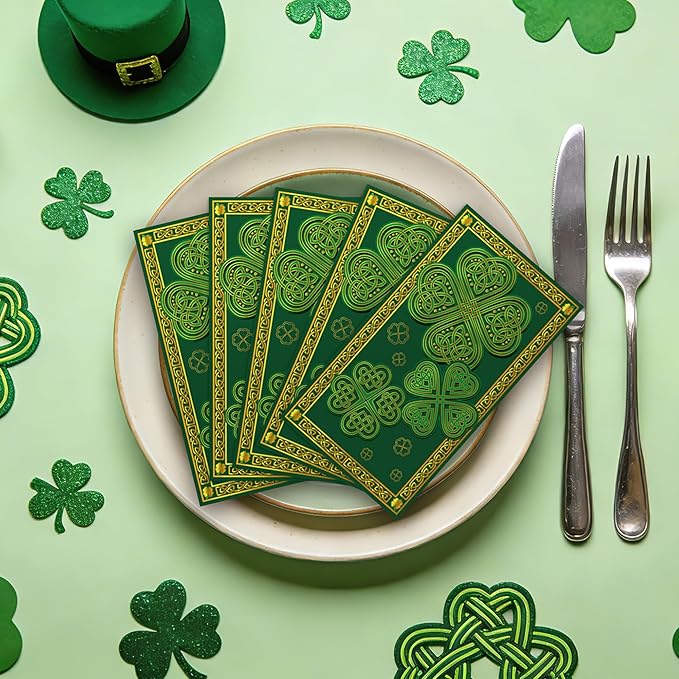 St. Patrick's Day Napkins - 100 Pcs Green Shamrock Saint Paper Disposable Party Decorations Bulk Lucky Four-leaf Clover Celtic Knot Irish Decorative Dinner Guest Cocktail Table Decor Supplies