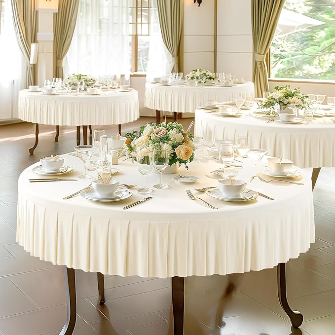 1 Pack Ivory Spandex Round Tablecloths for 72in Table, Stretchy Fitted 6FT Round Table Cloths, Wrinkle Free Table Cover with Skirt for Wedding Birthday Party Bridal Shower Banquet