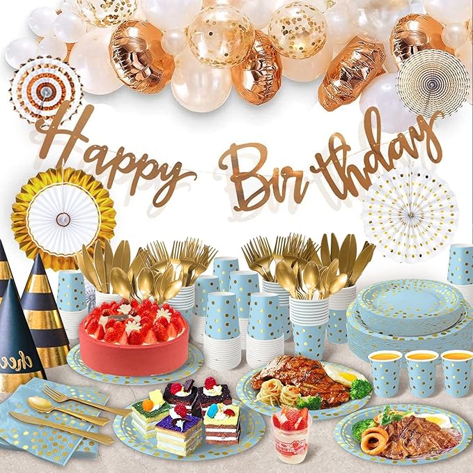 AIRE 175Pcs Blue and Gold Paper Plates Dinnerware Sets for 25 Guests, Party Decorations Paper Plates Party Supplies Gold Plastic Forks Knives Spoons, Golden Dot Napkins Cups For Birthday Baby Shower