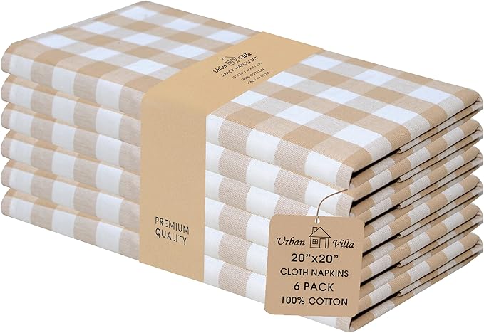 Urban Villa Cotton Dinner Napkins Set of 6, Highly Absorbent 20x20 Inches Premium Cloth Napkins Hotel Quality Reusable & Washable Table Dinner Napkins for Home & Weddings - Taupe/White, Checks
