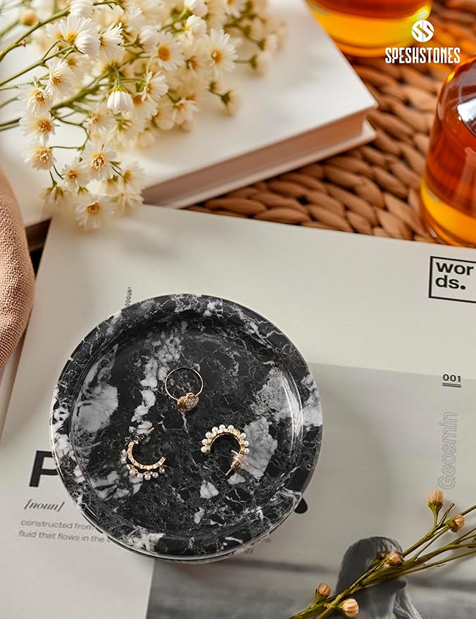 Marble Jewelry Dish 5 Inch Handmade Black Small Trinket Dish, Necklace & Ring Holder for Vanity Decor Accessories, Candle Plate, Key Bowl & Perfume Organzier, Gifts for Women