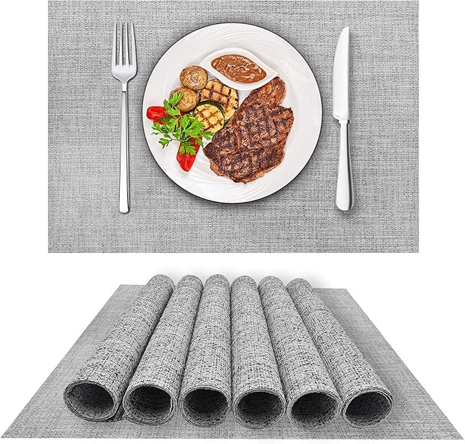 DACHUI Placemats Set of 8, Linen Look Woven Place Mats, Water Resistant, Heat Resistant, Washable, Durable Table Mats (Smoky Grey)