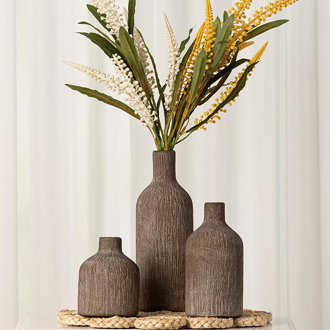 Ceramic Vase Home Table Decor - Brown Flower Vase Set of 3 Living Room Kitchen Decorations Farmhouse Modern Rustic Vases Decorative Centerpiece for Shelf Bedroom Office Bathroom Dining Coffee Desk