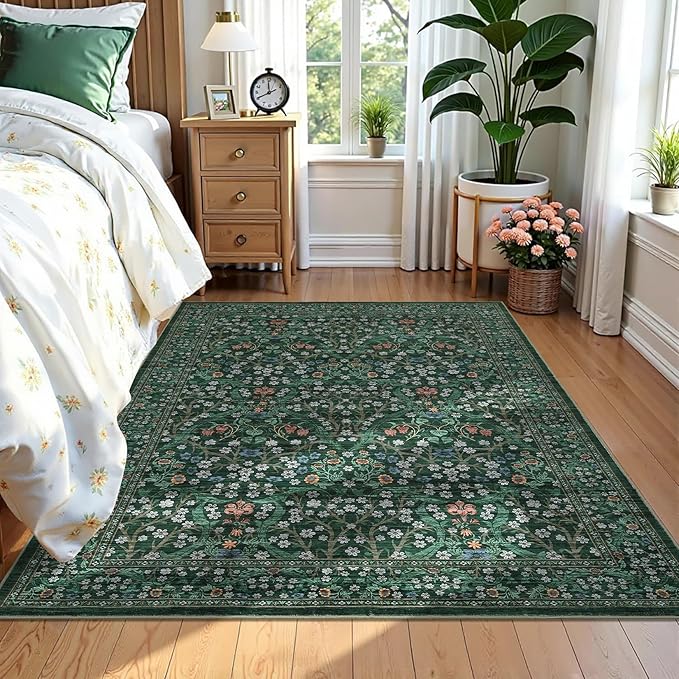 GarveeHome Floral Area Rugs 5x7, Washable Rug for Living Room, Bedroom, Low Pile Non Slip Stain Resistance Indoor Boho Carpet Mat for Farmhouse, Dining Room, Office, Dark Green