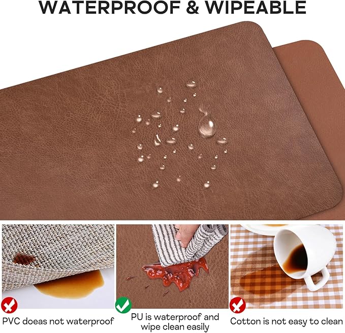 AAPLKER Faux Leather Placemats Set of 6, Vinyl Placemats Wipeable Waterproof Oil-Proof Table Mats, Heat Resistant Place Mats, Table Mats for Kitchen Indoor Outdoor, 15.8 x 11.8 inches (Brown)