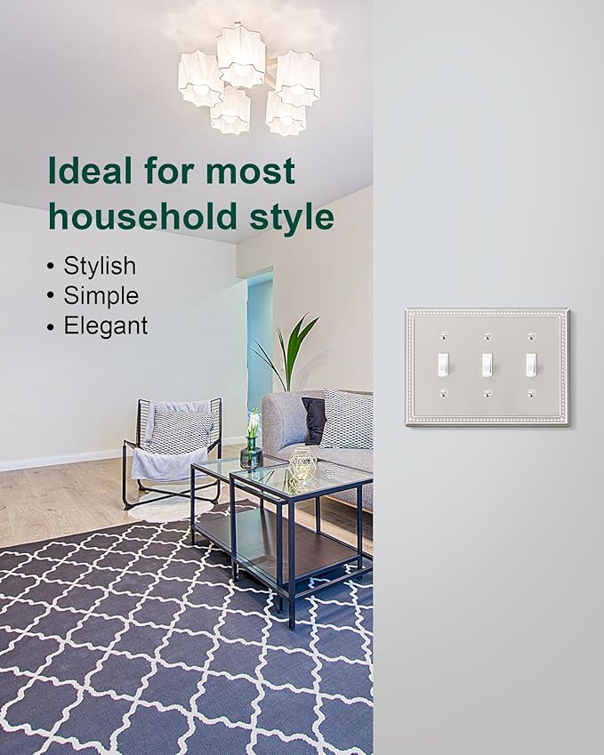 2-Pack Triple Toggle Light Switch Cover Plate, Pearls Decorative Switch Plate Covers, Brushed Nickel 3 Gang Metal Wall Plate