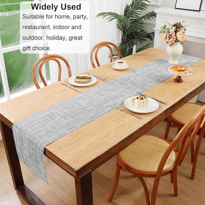 SHACOS Woven Vinyl Table Runners 12 x 54 inch Wipe Clean PVC Weave Table Runners Heat Resistant Runner for Table Indoor Outdoor, Gray White