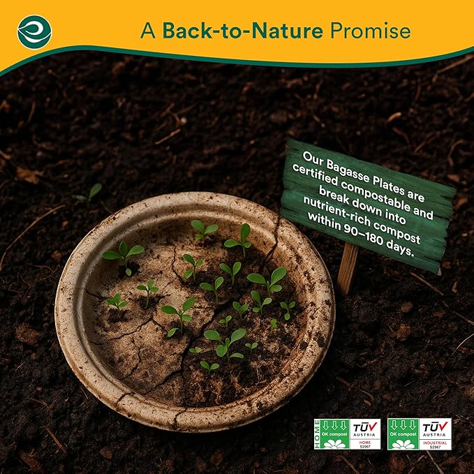 ECO SOUL 6 Inch Compostable Disposable Paper Plates [200 Pack] Food Safe 100% Virgin Bagasse Pulp Heavy Duty Biodegradable Microwave Safe Small Round Dessert Plate for Party, Picnic & BBQ (Brown)