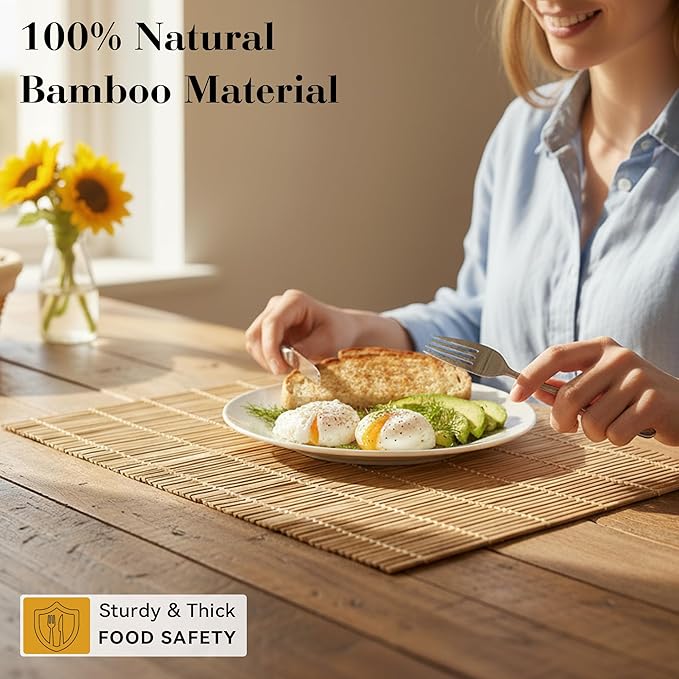 4-Pack Bamboo Placemats,Woven Heat-Resistant Rectangular Table Mats,Natural Dining Place Mats,Rustic Japanese Style Wood Mats for Indoor Dining,Kitchen and Party Use, Coffee