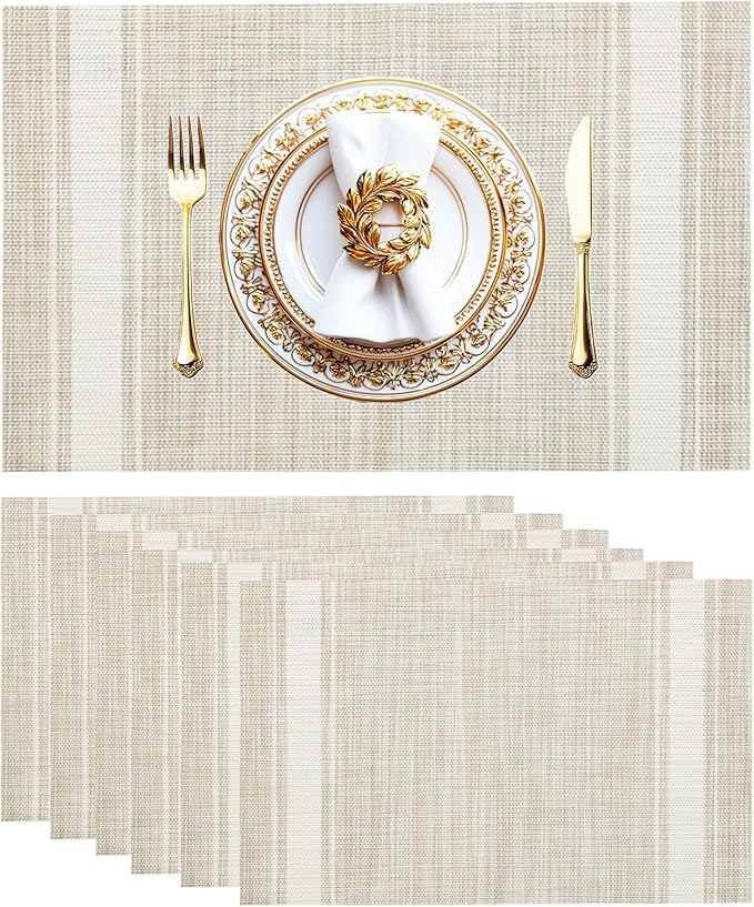 Placemats Set of 6 Vinyl Washable Placemats, 18"x12" Wipeable Heat-Resistant Non-Slip Easy Clean Table Mats Ideal for Dining Table Table Runner and Outdoor (6, Linen Wide Stripe)