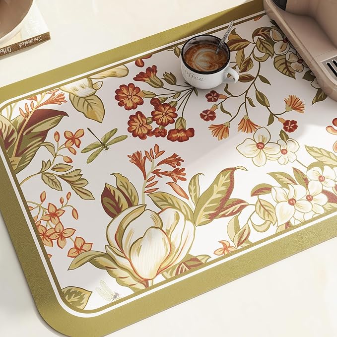 ISAENNE Grey Green Placemats Set of 6,Rectangular PVC Placemats, Waterproof and Heat-Resistant Botanical Floral Pattern,Decoration for Kitchen,Dinning,Parties, Holiday,12"*17"