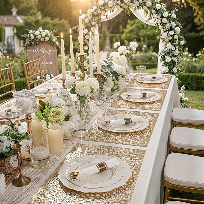 Liacere 350PCS Ivory Plastic Plates - Cream Disposable Plates With Gold Rim - 50Guest Baroque Plastic Dinnerware include 100 Plates - 50 Pack Pre Rolled Napkins Silverware 50Cups for Wedding＆Easter