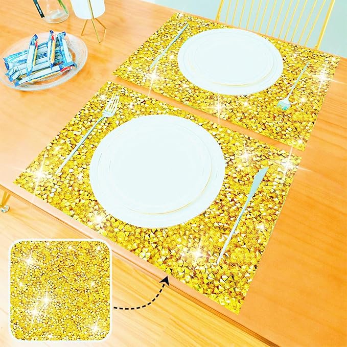 Gold Placemats Gold Heat Resistant Mat Square Placemats Trivets Rhinestone Decor Place Mat Crushed Diamond Decor Bling Sparkly Mat Set of 2