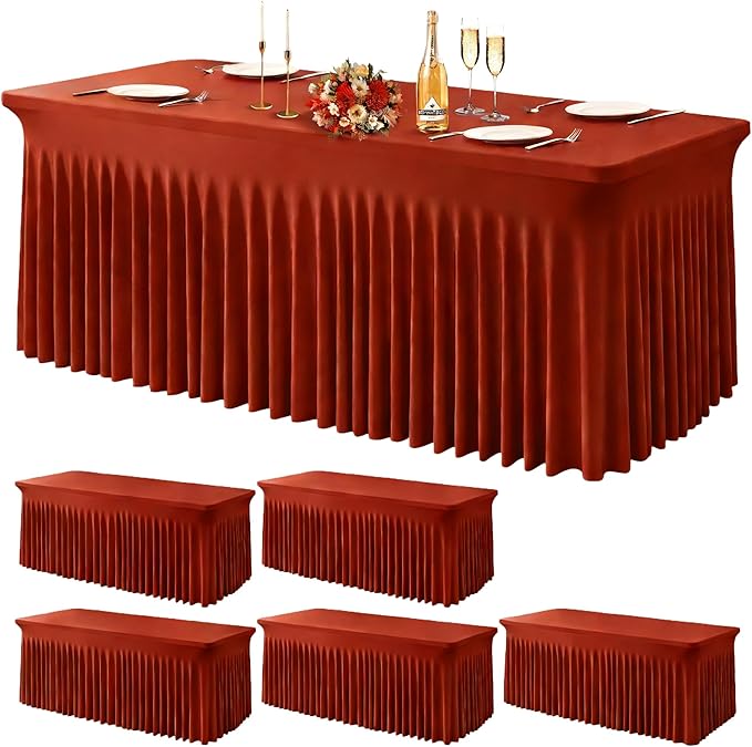 Wish Care 6 Pack Rust Spandex Table Clothes for 6 Foot Rectangle Tables, 6FT Wrinkle Free Fitted Tablecloths Ruffles Design Table Cloth for Party, Banquet, Wedding and Events