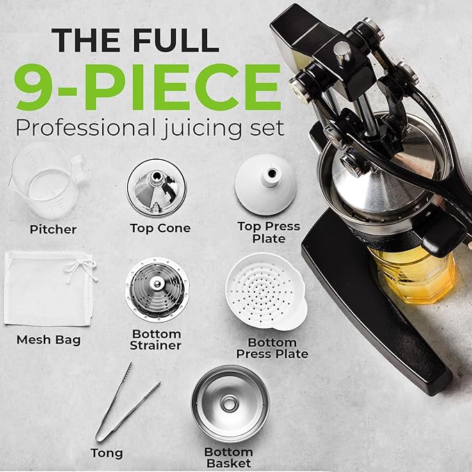Zulay Kitchen Pulverizer 9 in 1 Cast Iron Juicer - Easy-to-Clean Heavy-Duty Manual Juicer with Presser Attachment to Juice All Types of Fruits! Extra Tall with Stainless Steel Bowl - Black