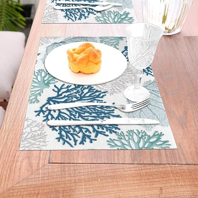 Placemats Set of 6 Nautical Blue Coral Place Mats Coastal Teal Beige Coral Woven Table Mats Washable Ocean Theme PVC Placemat for Dining Kitchen Decor Indoor Outdoor, 12 x 18 Inch