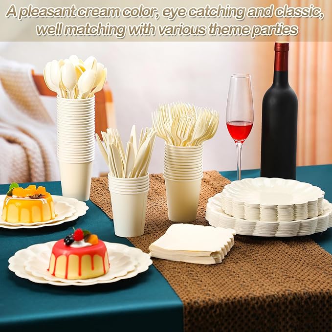 350 Pcs Cream White Scalloped Paper Plates Shell Edge Disposable Tableware Cocktail Napkins Cups Plastic Spoons Forks Knives for Wedding Baby Shower Picnic Birthday Party Supply for 50 Guests