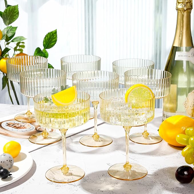 24 Pcs Ribbed Martini Glasses 10 oz Disposable Plastic Vintage Ribbed Coupe Glasses Unbreakable Dessert Parfait Glassware for Wedding Birthday Party Supplies (Gold)