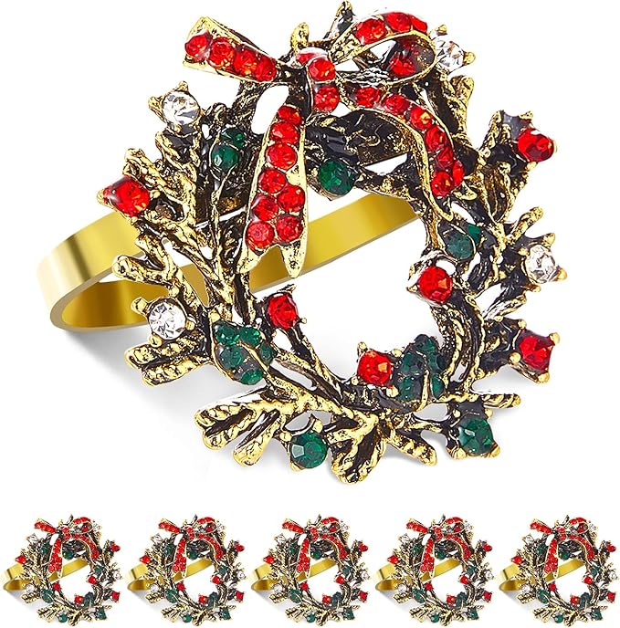 ZeeDix Christmas Wreath Napkin Rings Set of 6, Holiday Christmas Napkin Ring Holders for Cloth Napkins, Xmas Napkin Rings for Thanksgiving Holiday Dinner Party Table Setting