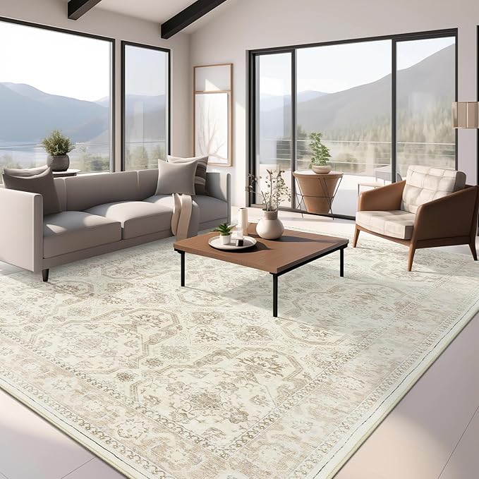 Area Rugs 5x7, Washable Rug, Stain Resistant 5x7 Area Rugs for Living Room Bedroom Dining Room, Vintage Gray Farmhouse Rug Beige