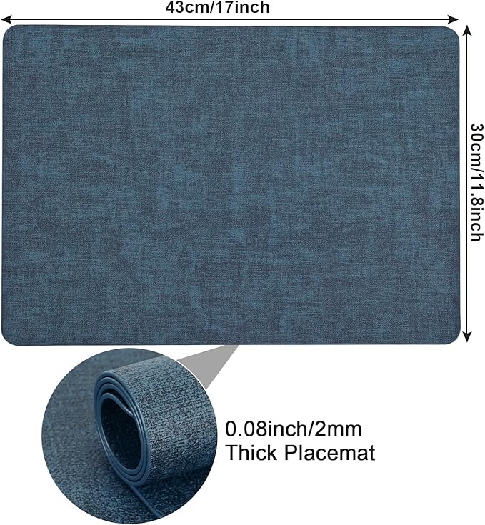 Faux Leather Placemats Set of 6, Heat Resistant Wipeable Washable Vinyl Place Mats, Waterproof Anti-Slip Dining Table Mats, Suitable for Indoor & Outdoor Use (Navy Blue)