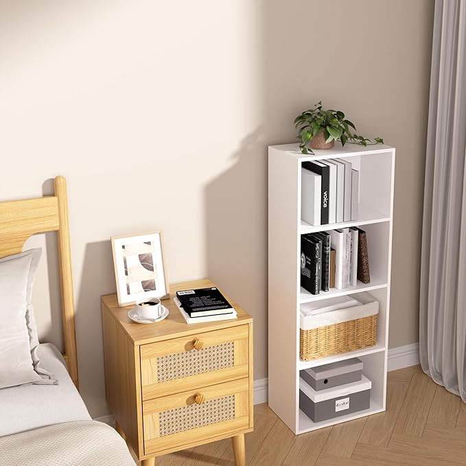 Wooden 4 Cube Storage Organizer, 4 Tier Tall Modern Bookshelf Freestanding Storage Display Organizer, Versatile Cubes Shelf and Cubby Unit for Living Room, Bedroom, Home Office 15.7inch