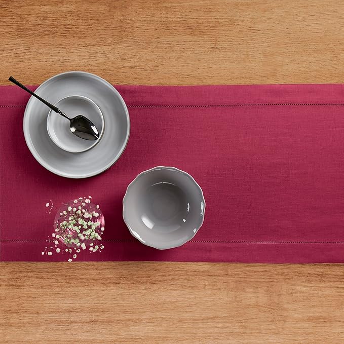 Solino Home Linen Beet Table Runner 144 Inches Long - 100% Pure Linen Extra Long Table Runner 14 x 144 Inch for Valentines, Easter - Classic Hemstitch