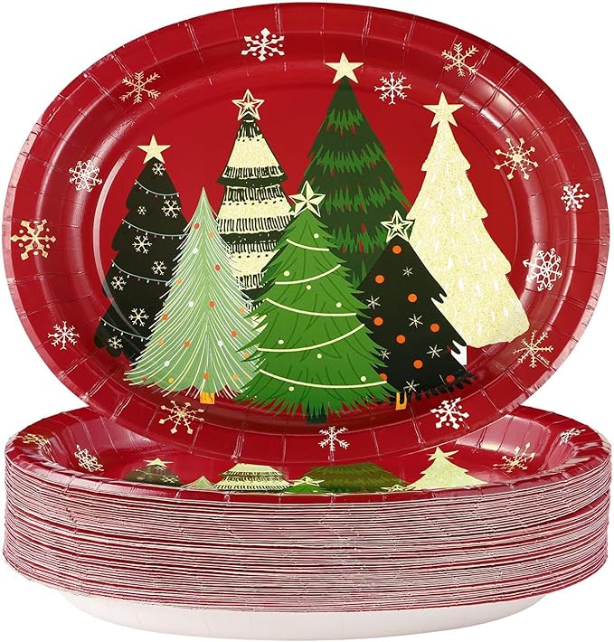 Grencian 50Pcs Christmas Oval Paper Plates 10" x 12" Large Disposable Heavy Duty Red Multiple Pine Trees Paper Platters Vintage Plate Tree Dessert Plates for Christmas Picnic Holiday Party Supplies