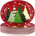 Grencian 50Pcs Christmas Oval Paper Plates 10" x 12" Large Disposable Heavy Duty Red Multiple Pine Trees Paper Platters Vintage Plate Tree Dessert Plates for Christmas Picnic Holiday Party Supplies