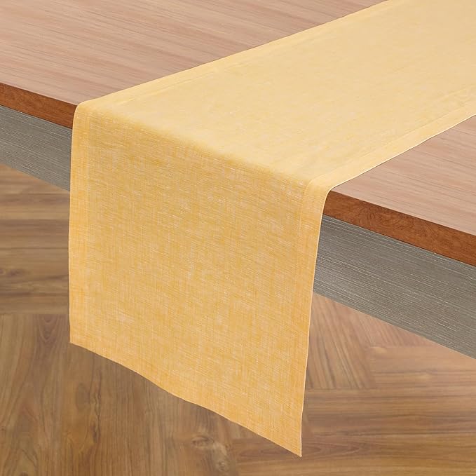 Solino Home Linen Table Runner 90 Inches Long - Athena, 100% Pure Linen Chambray Mustard Yellow Table Runner 14 x 90 Inch for Dining, Spring, Easter