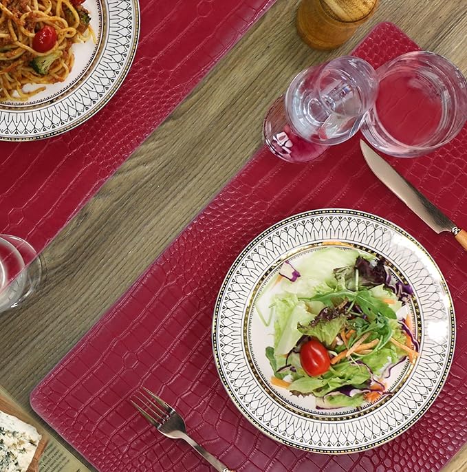 Jovono Faux Leather Placemats Set of 6, Waterproof Heat Resistant Dinner Place Mats for Dining Table, Non-Slip Crocodile Embossed, Red (17.8x11.8 Inch)