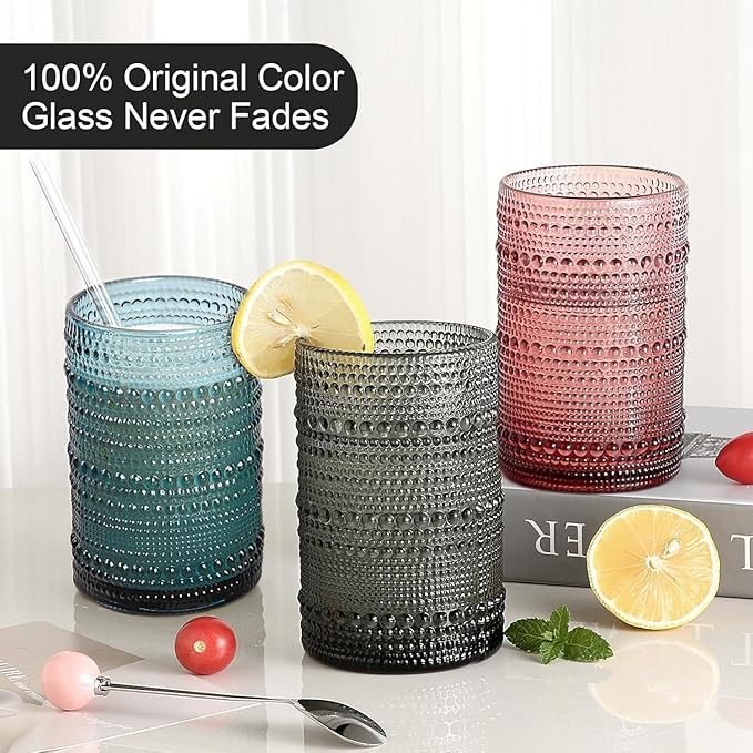 15oz Colored Hobnail Drinking Glasses Set of 6,Vintage Kitchen Glassware, Embossed Beaded Glass Cups,Water Tumbler for Cocktail,Juice and Various Mixed Drinks
