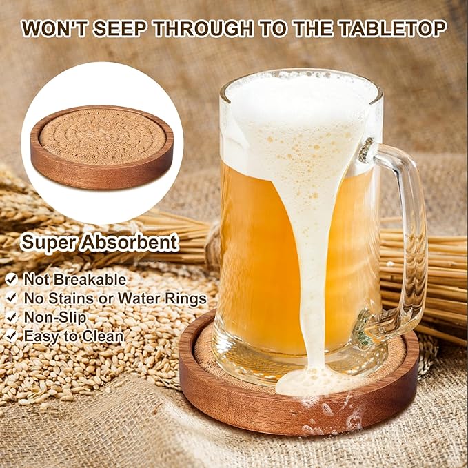 5 Pcs Best Absorbent Wooden Coasters Set - 4 Inches Brown Woven Coaster Modern Acacia Wood Coasters for Drinks, Coffee Table Decor, Farmhouse, Bar, Office, Beer, Kitchen, Dining Room, Outdoor, Desk