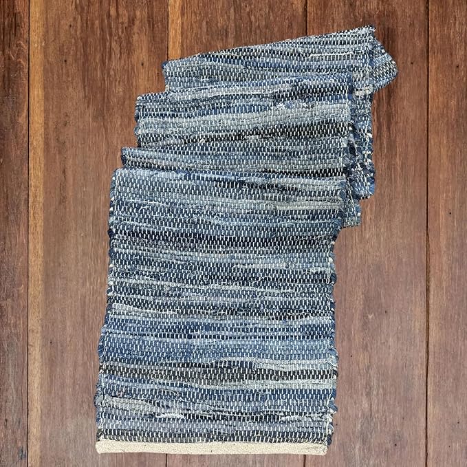 Perilla Home Chindi Table Runner Boho with Tassels 72 Inches Long Denim - Braided Rustic Farmhouse Fall Kitchen Dining Table Decoration for Party Wedding (Blue)