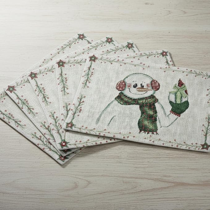 DaDa Bedding Magical Snowman Placemats - Set of 4 Festive Holiday White Tapestry - Cotton Linen Woven Dining Table Mats - 13” x 19” (9733)