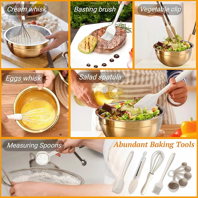 7 Pack Gold Mixing Bowls Set with 5 PCS Kitchen Accessories, Stainless Steel Nesting Mixing Bowls with Airtight Lids, Baking, Prepping and Serving Food, Stackable Size 7,3.6,2.7,2.1,1.5,1.1,0.8QT