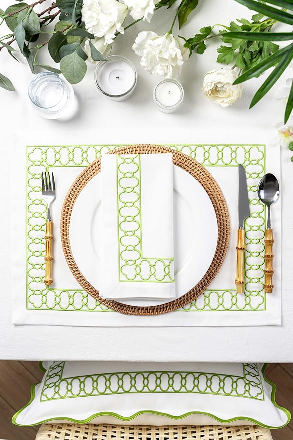 Hofdeco Premium Coastal Patio Indoor Outdoor Placemat Set of 4, 14"x19" Double-Layered, Waterproof Cloth Placemat for Kitchen or Dining Table. Green Embroidered Frame